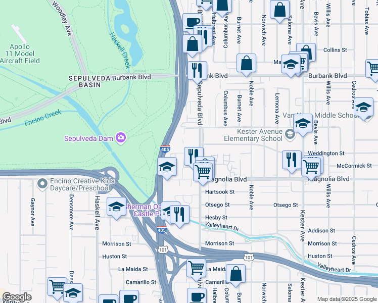 map of restaurants, bars, coffee shops, grocery stores, and more near 15323 Weddington Street in Los Angeles
