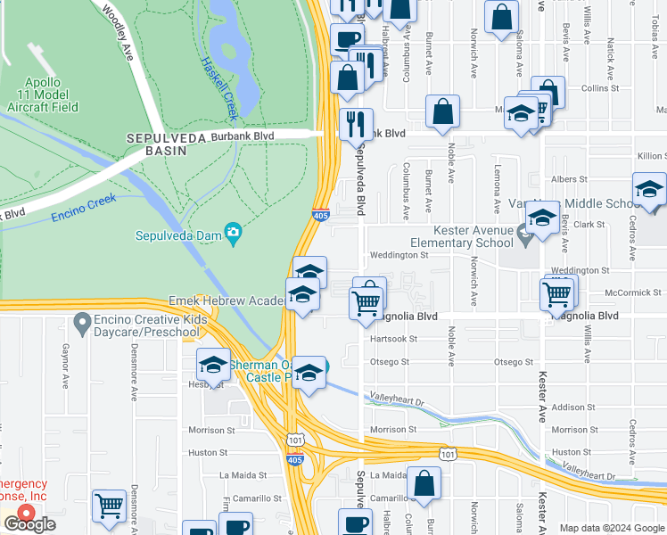 map of restaurants, bars, coffee shops, grocery stores, and more near 15323 Weddington Street in Los Angeles