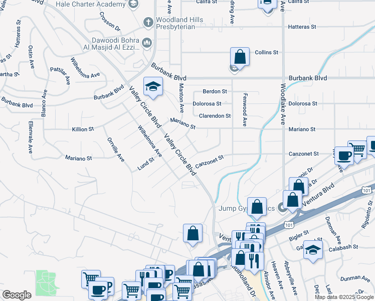 map of restaurants, bars, coffee shops, grocery stores, and more near 23563 Kivik Street in Los Angeles