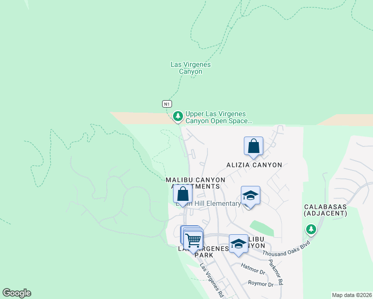 map of restaurants, bars, coffee shops, grocery stores, and more near 5956 Las Virgenes Road in Calabasas