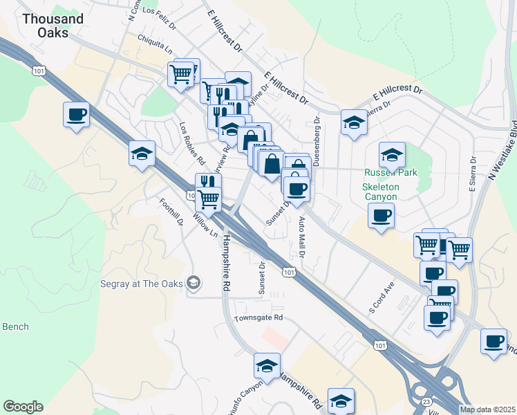 map of restaurants, bars, coffee shops, grocery stores, and more near 3219 Royal Oaks Drive in Thousand Oaks