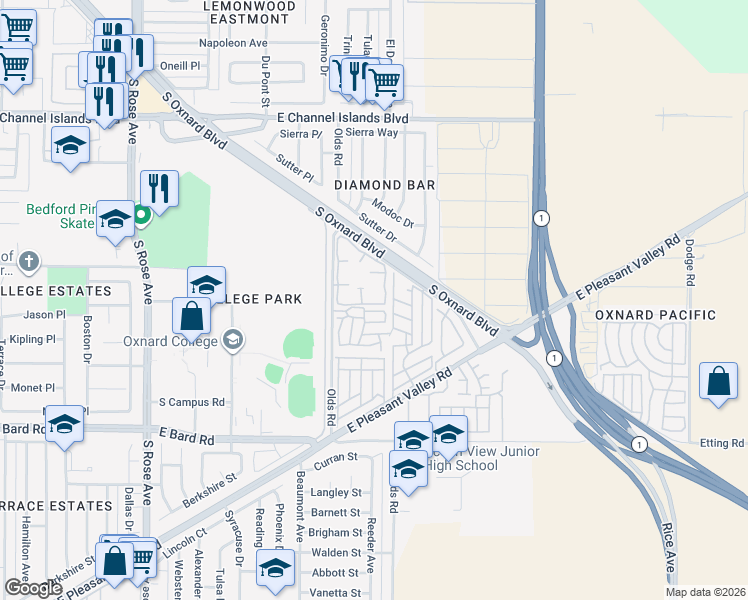 map of restaurants, bars, coffee shops, grocery stores, and more near 3540 Olds Road in Oxnard