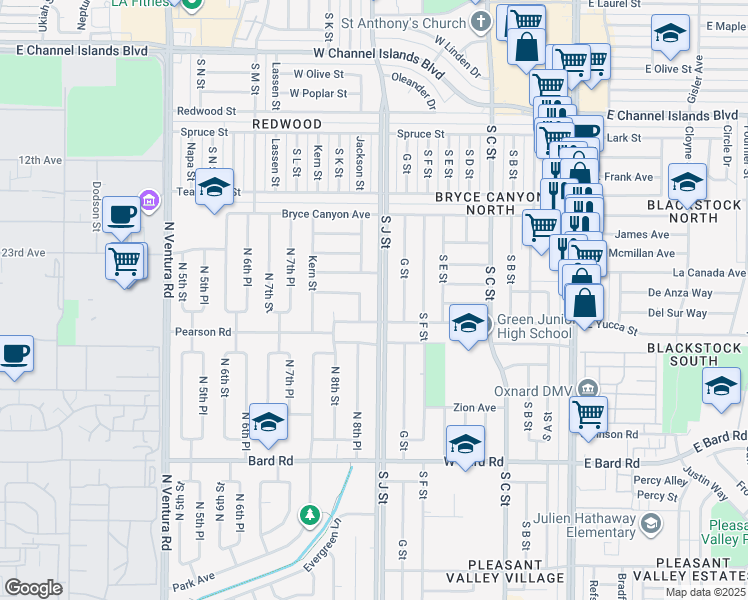 map of restaurants, bars, coffee shops, grocery stores, and more near 3620 South J Street in Oxnard