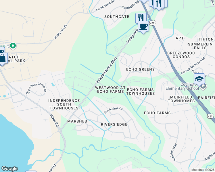 map of restaurants, bars, coffee shops, grocery stores, and more near 3831 Echo Farms Boulevard in Wilmington