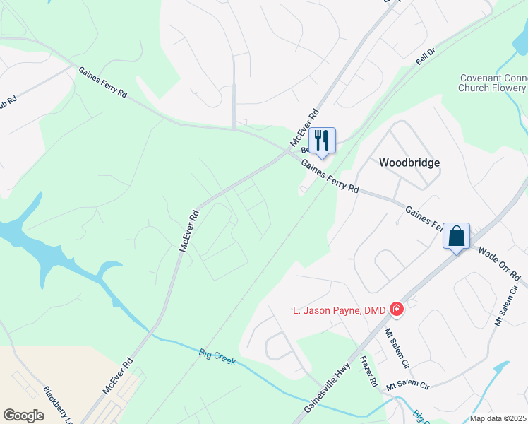 map of restaurants, bars, coffee shops, grocery stores, and more near 6650 Corryton Street in Flowery Branch