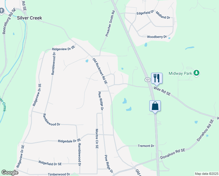 map of restaurants, bars, coffee shops, grocery stores, and more near 0 Wax Road Southeast in Silver Creek