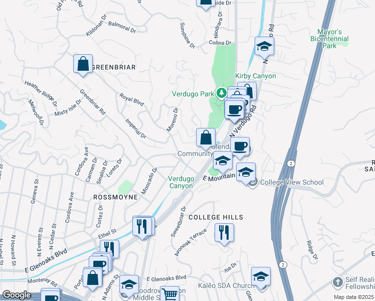 map of restaurants, bars, coffee shops, grocery stores, and more near 1415 Del Monte Drive in Glendale