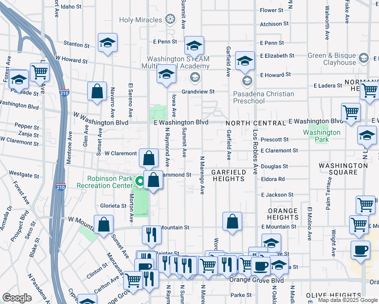 map of restaurants, bars, coffee shops, grocery stores, and more near 162 East Claremont Street in Pasadena