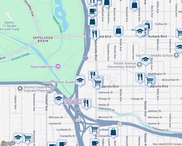 map of restaurants, bars, coffee shops, grocery stores, and more near 15323 Weddington Street in Los Angeles