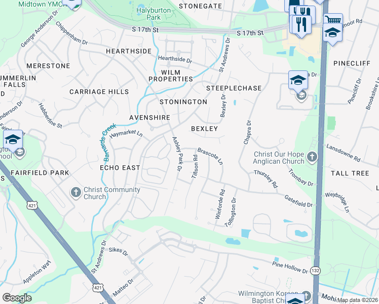 map of restaurants, bars, coffee shops, grocery stores, and more near 108 Brascote Lane in Wilmington