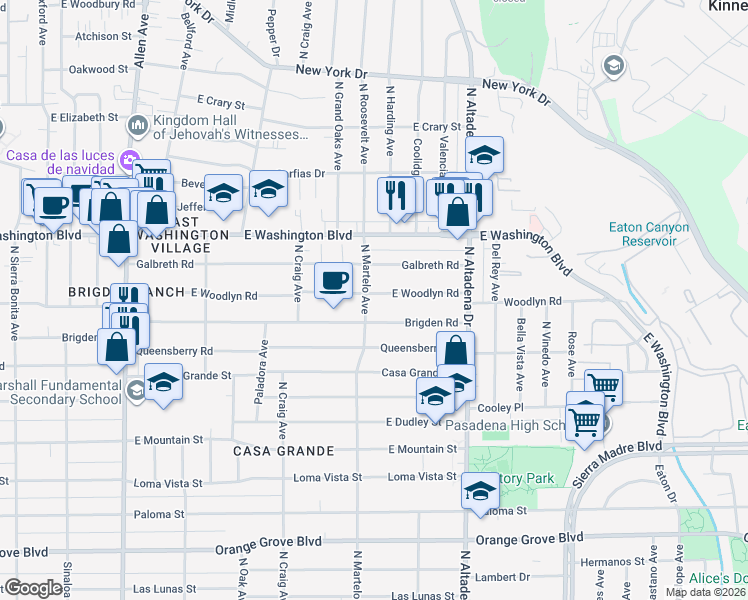 map of restaurants, bars, coffee shops, grocery stores, and more near 2336 East Woodlyn Road in Pasadena