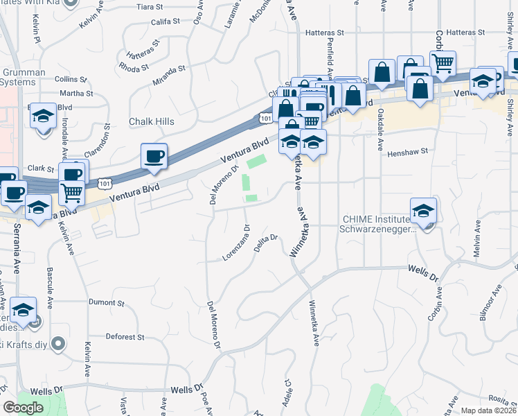 map of restaurants, bars, coffee shops, grocery stores, and more near 20164 Santa Rita Street in Los Angeles