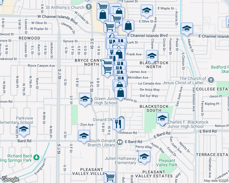 map of restaurants, bars, coffee shops, grocery stores, and more near 3611 Saviers Road in Oxnard
