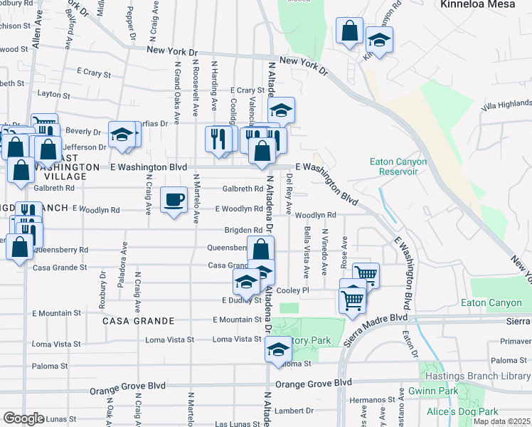map of restaurants, bars, coffee shops, grocery stores, and more near 1201 North Altadena Drive in Pasadena