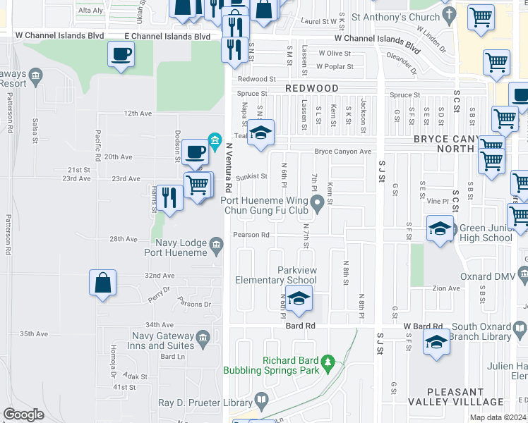 map of restaurants, bars, coffee shops, grocery stores, and more near 1743 North 6th Street in Port Hueneme
