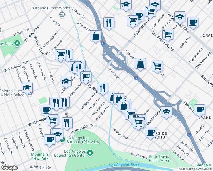map of restaurants, bars, coffee shops, grocery stores, and more near 250 West Spazier Avenue in Burbank
