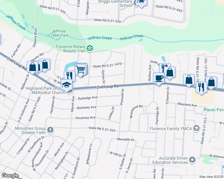 map of restaurants, bars, coffee shops, grocery stores, and more near 1124 2nd Loop Road in Florence
