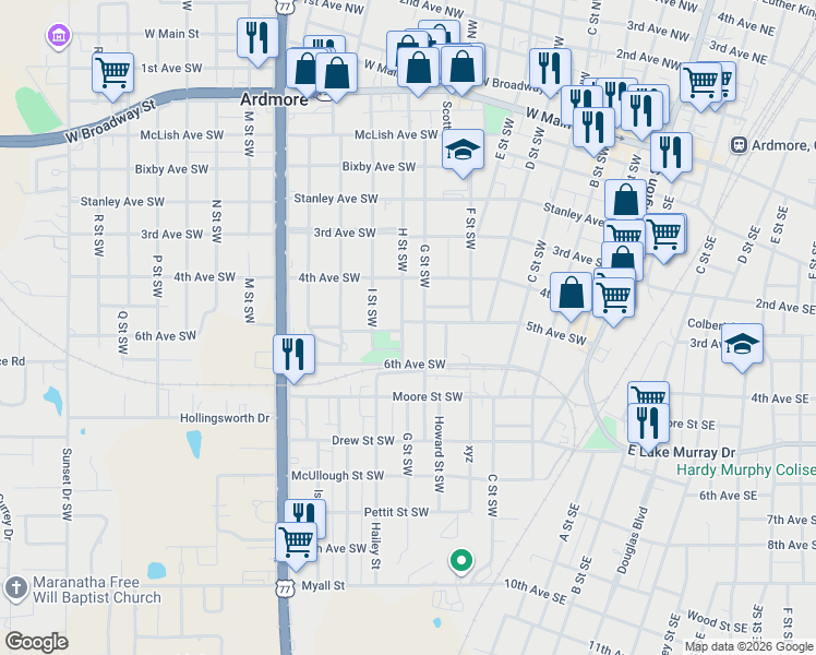 map of restaurants, bars, coffee shops, grocery stores, and more near 708 5th Avenue Southwest in Ardmore