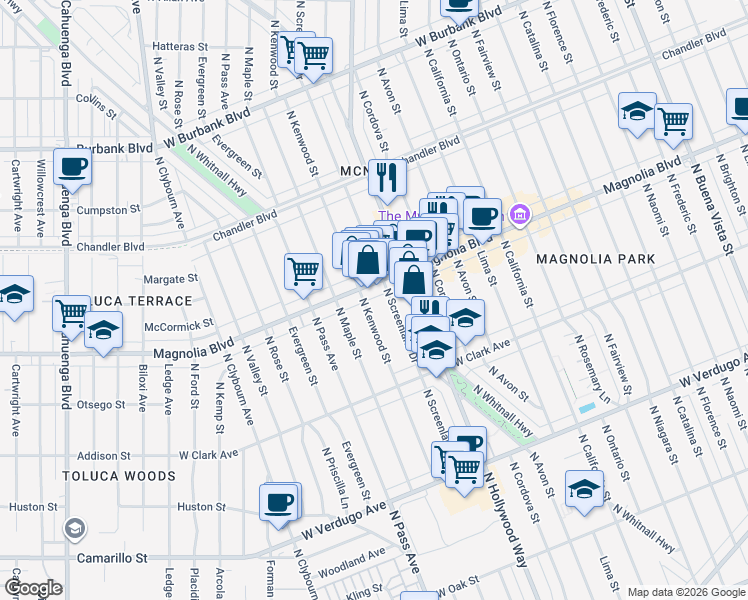 map of restaurants, bars, coffee shops, grocery stores, and more near 934 North Kenwood Street in Burbank