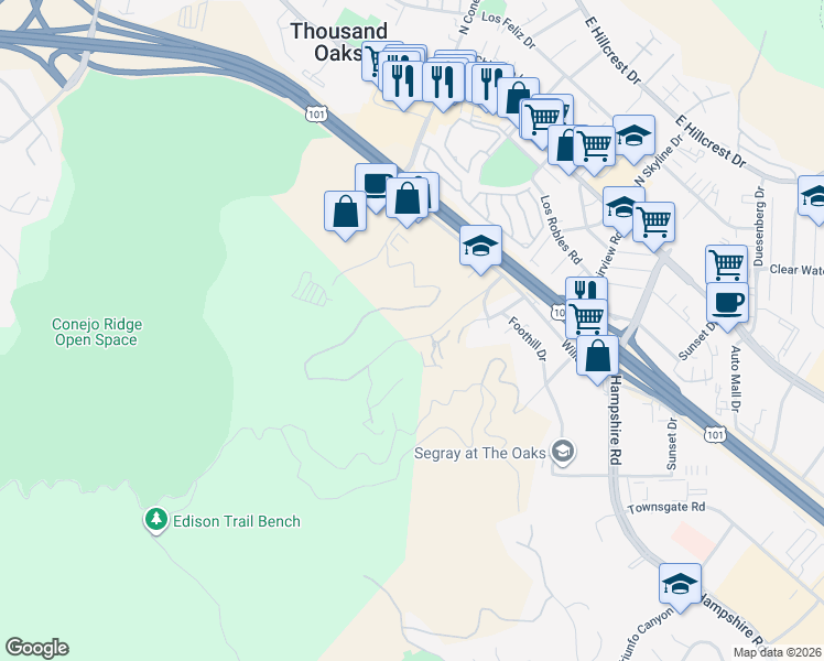 map of restaurants, bars, coffee shops, grocery stores, and more near 2 South Skyline Drive in Thousand Oaks