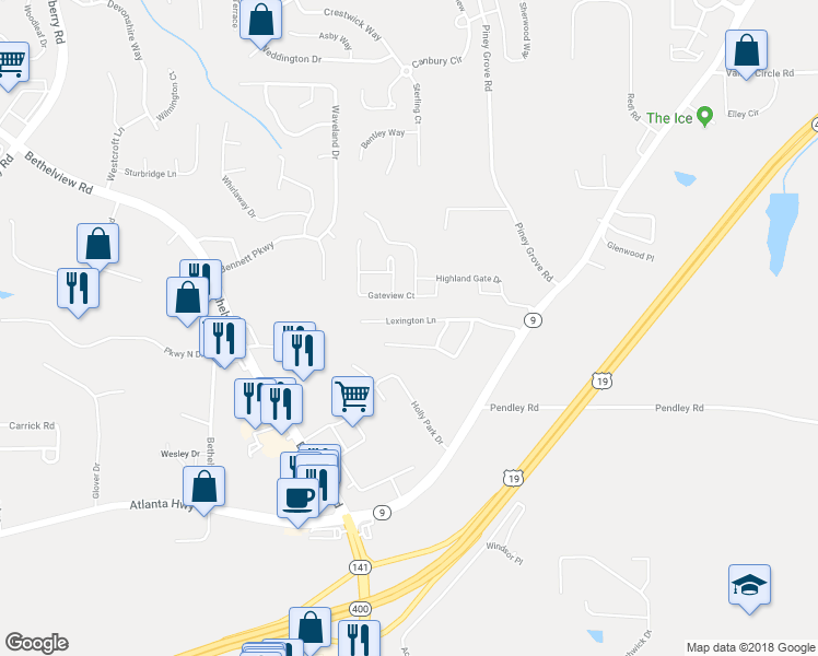 map of restaurants, bars, coffee shops, grocery stores, and more near 2235 Lexington Lane in Cumming
