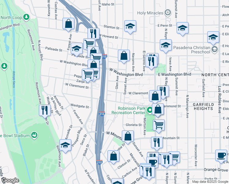 map of restaurants, bars, coffee shops, grocery stores, and more near 1000 North Marengo Avenue in Pasadena