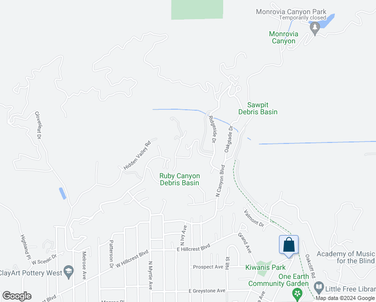 map of restaurants, bars, coffee shops, grocery stores, and more near 1001 Briarcliff Road in Monrovia