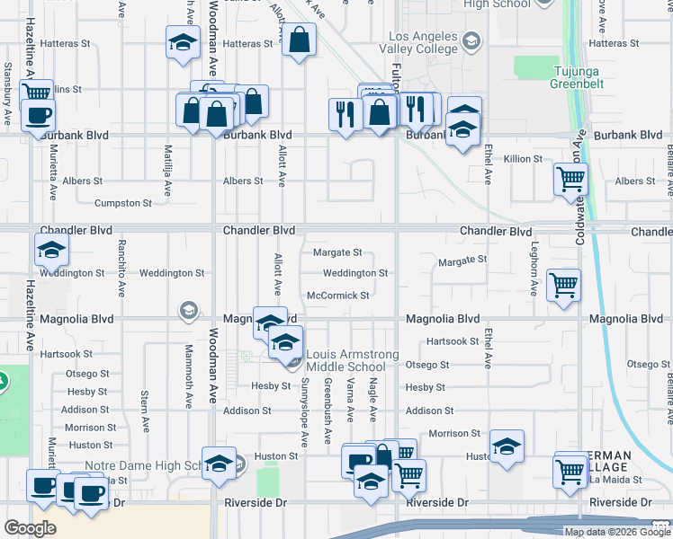 map of restaurants, bars, coffee shops, grocery stores, and more near 13431 Weddington Street in Los Angeles