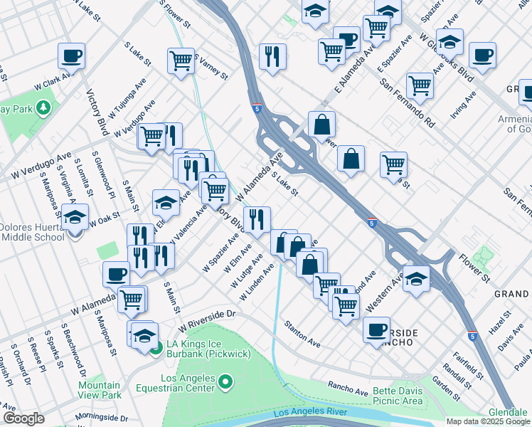 map of restaurants, bars, coffee shops, grocery stores, and more near 250 West Spazier Avenue in Burbank