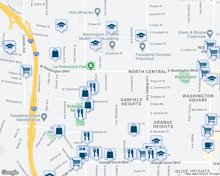 map of restaurants, bars, coffee shops, grocery stores, and more near 170 East Claremont Street in Pasadena