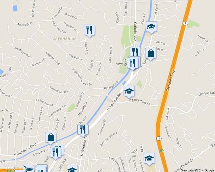 map of restaurants, bars, coffee shops, grocery stores, and more near 1415 Del Monte Dr in Glendale