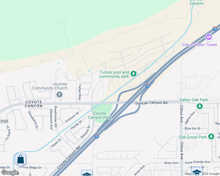 map of restaurants, bars, coffee shops, grocery stores, and more near Caterpillar Drive in Fontana