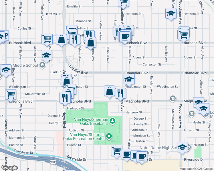 map of restaurants, bars, coffee shops, grocery stores, and more near 5300 Calhoun Avenue in Los Angeles