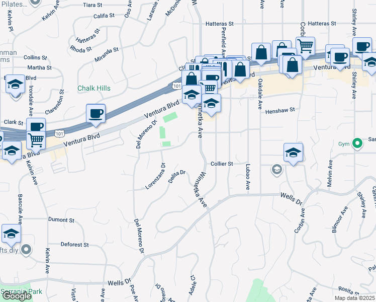 map of restaurants, bars, coffee shops, grocery stores, and more near 20142 Santa Rita Street in Los Angeles