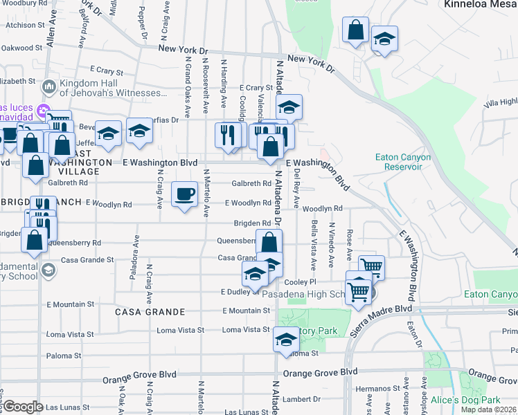 map of restaurants, bars, coffee shops, grocery stores, and more near 2476 East Woodlyn Road in Pasadena