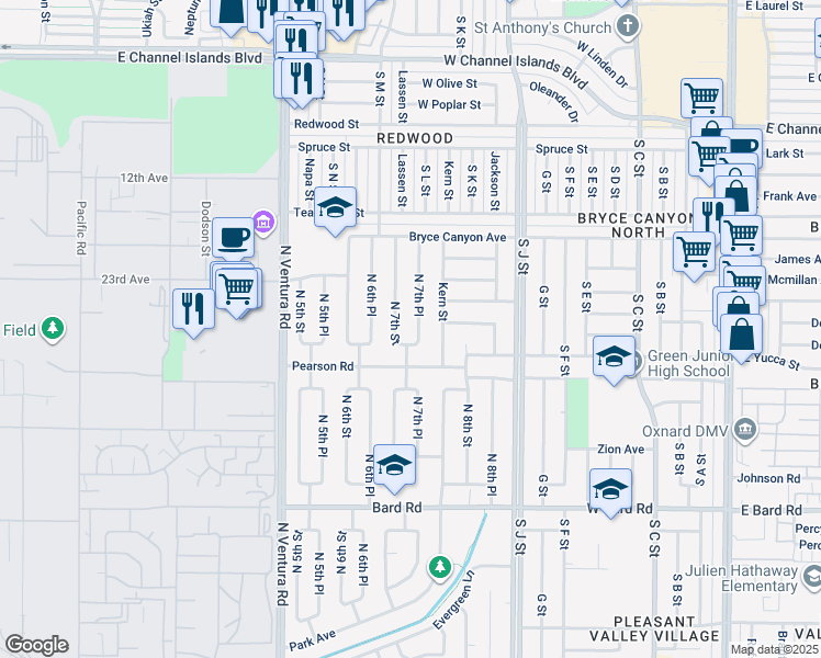 map of restaurants, bars, coffee shops, grocery stores, and more near 1745 North 7th Place in Port Hueneme