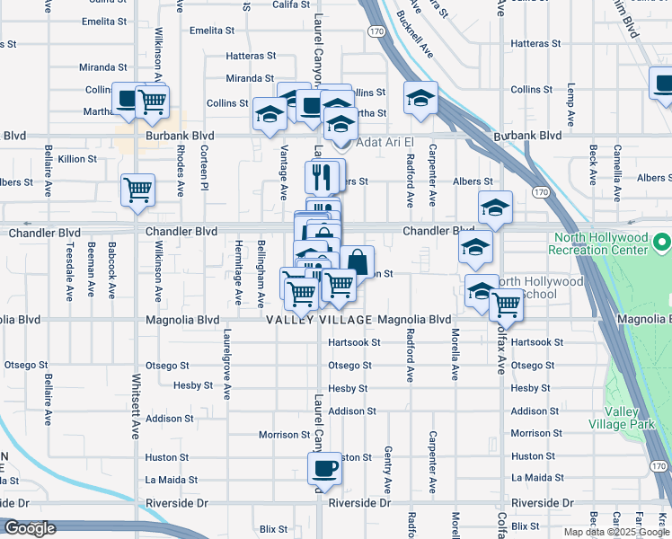 map of restaurants, bars, coffee shops, grocery stores, and more near 12039 Weddington Street in Los Angeles