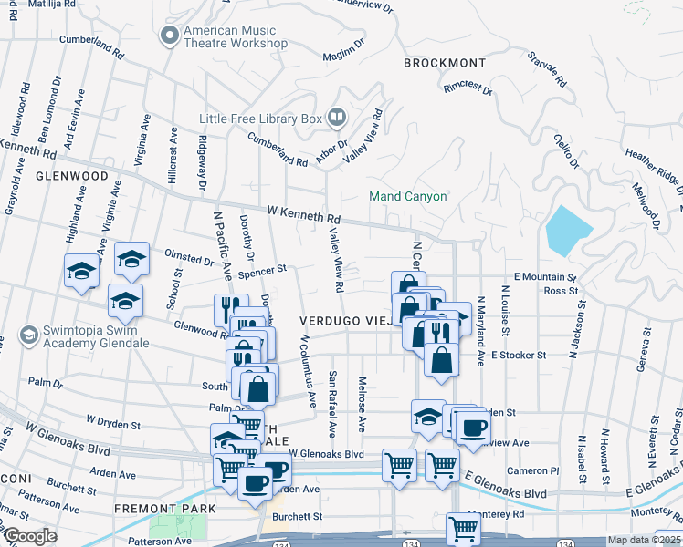 map of restaurants, bars, coffee shops, grocery stores, and more near 1429 Valley View Road in Glendale