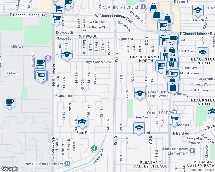 map of restaurants, bars, coffee shops, grocery stores, and more near 846 Thayer Lane in Port Hueneme