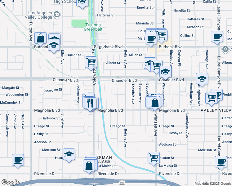 map of restaurants, bars, coffee shops, grocery stores, and more near 5301 Bluebell Avenue in Los Angeles