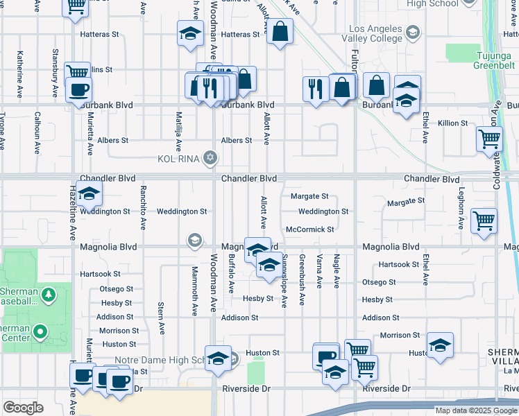 map of restaurants, bars, coffee shops, grocery stores, and more near 5305 Allott Avenue in Los Angeles