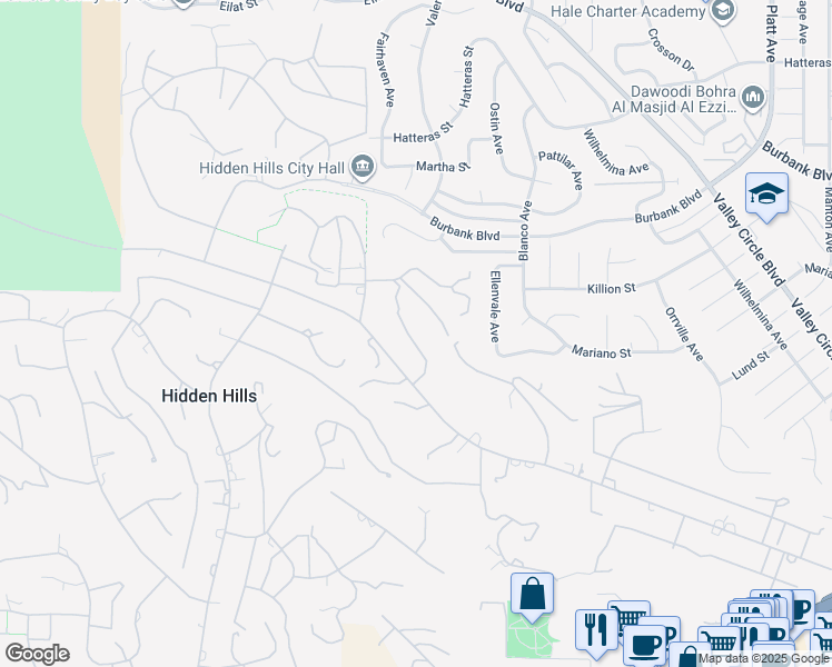 map of restaurants, bars, coffee shops, grocery stores, and more near 5808 Hilltop Road in Hidden Hills