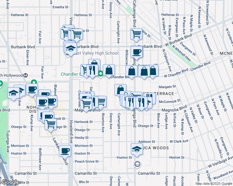 map of restaurants, bars, coffee shops, grocery stores, and more near 5308 Denny Avenue in Los Angeles