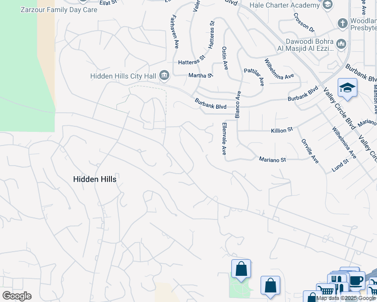 map of restaurants, bars, coffee shops, grocery stores, and more near 5808 Hilltop Road in Hidden Hills