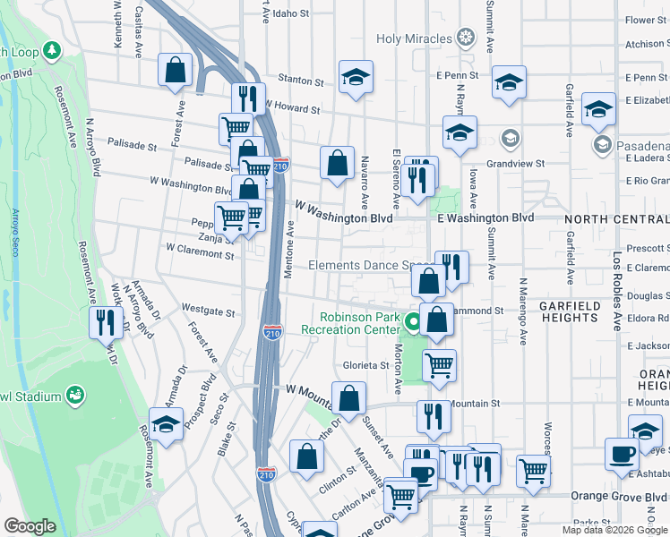 map of restaurants, bars, coffee shops, grocery stores, and more near 1225 Sunset Avenue in Pasadena