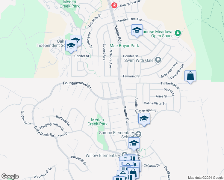map of restaurants, bars, coffee shops, grocery stores, and more near 6332 Meadow Haven Drive in Agoura Hills