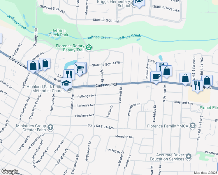 map of restaurants, bars, coffee shops, grocery stores, and more near 1124 2nd Loop Road in Florence