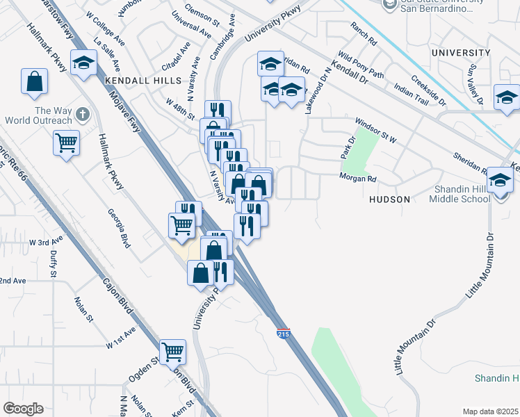 map of restaurants, bars, coffee shops, grocery stores, and more near 4275 North State Street in San Bernardino