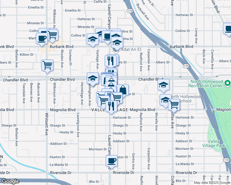 map of restaurants, bars, coffee shops, grocery stores, and more near 5308 Agnes Avenue in Los Angeles