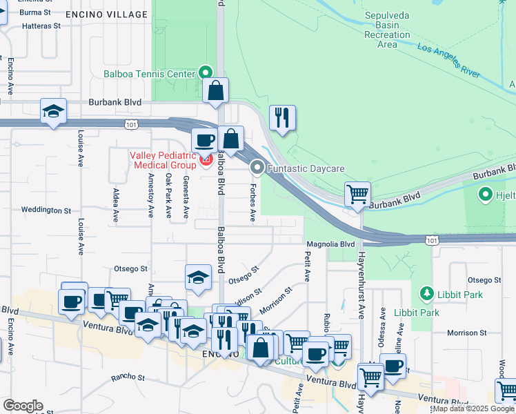 map of restaurants, bars, coffee shops, grocery stores, and more near 5266 Forbes Avenue in Los Angeles
